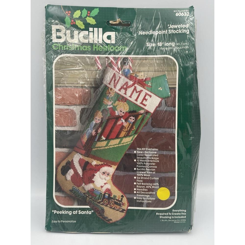 New Bucilla Christmas Needlepoint Jeweled Stocking Kit 60632 Peeking At Santa